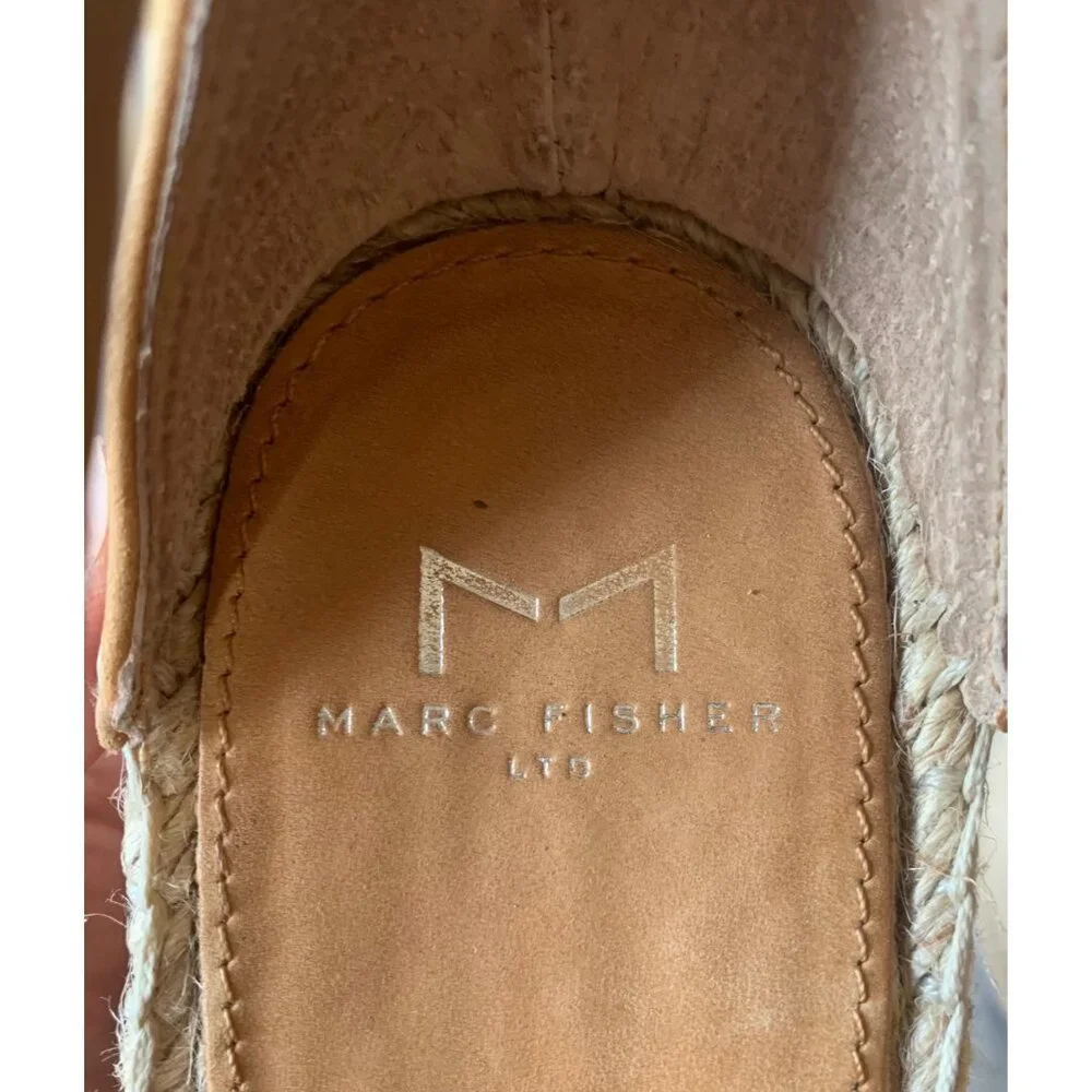 MARC FISHER Tan Leather Annie Perforated Espadrille Platform Wedge Sandals 8